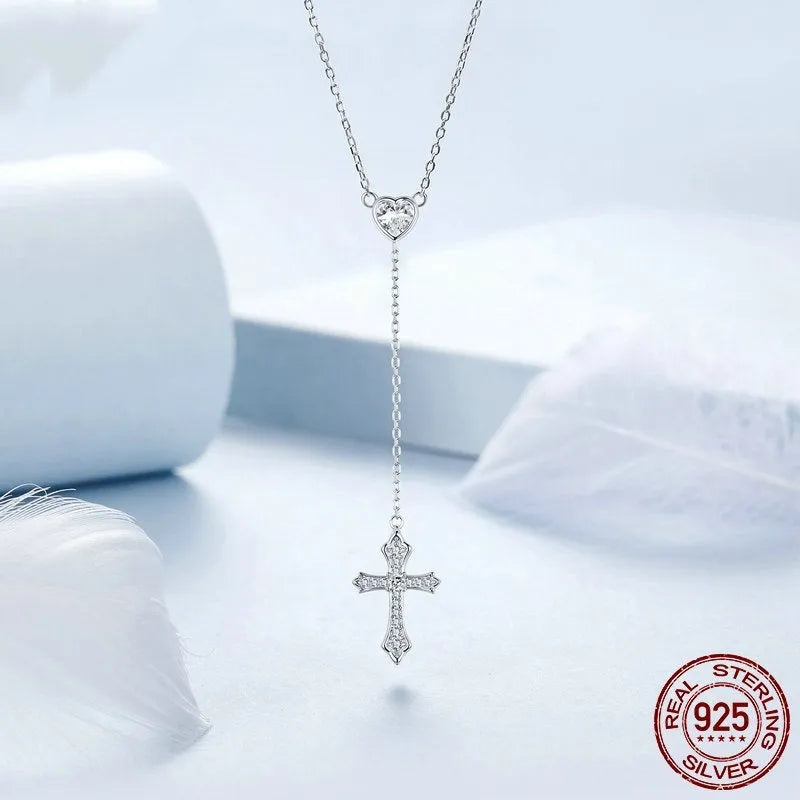 Silver love cross necklace with V-shaped pendant on an O-ring chain, colour BSN384.