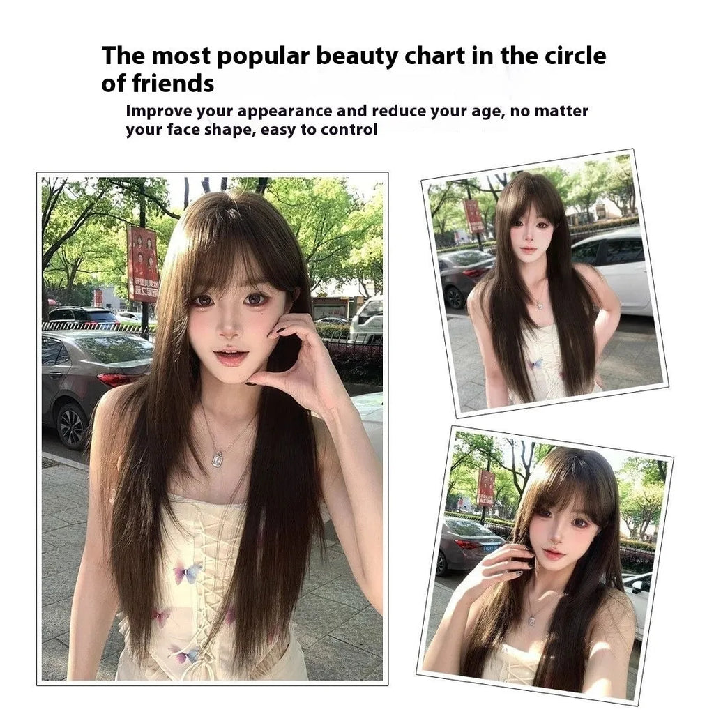 Brown-black synthetic wig with black tea colour treatment and head cover