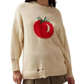 Women's loose-fitting acrylic sweater with round neck, long sleeves, and Jacquard craft in beige.