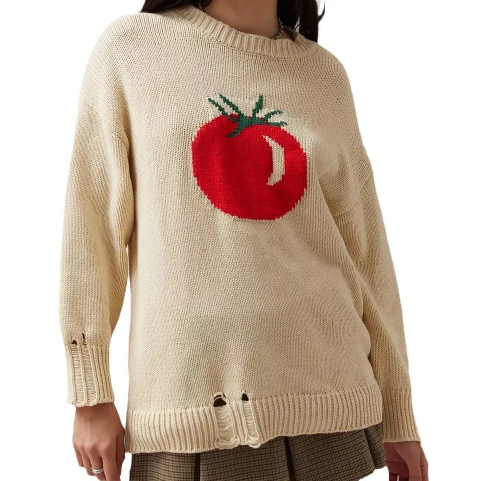 Women's loose-fitting acrylic sweater with round neck, long sleeves, and Jacquard craft in beige.