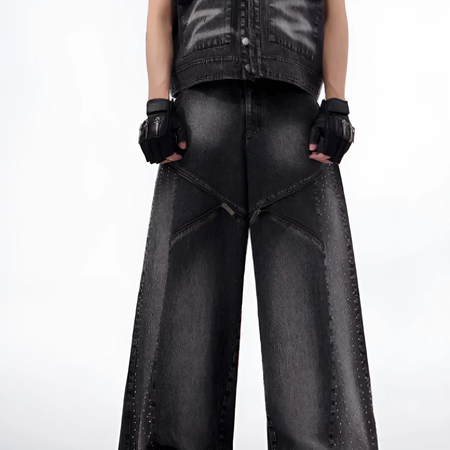Black and grey wide leg pants with structure zipper and matching waistcoat set