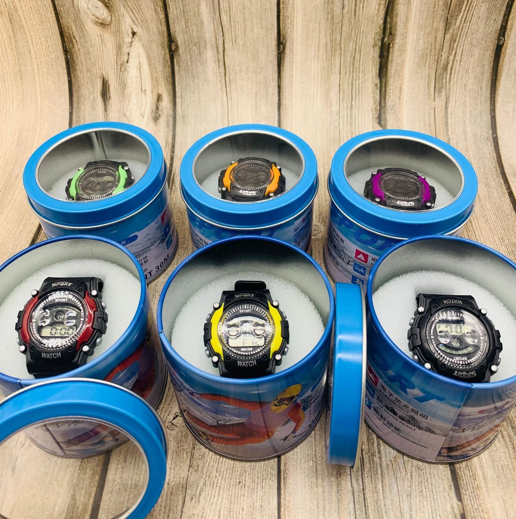 Children's digital sports watch with silicone strap and plastic case, shown in a random colour mix.