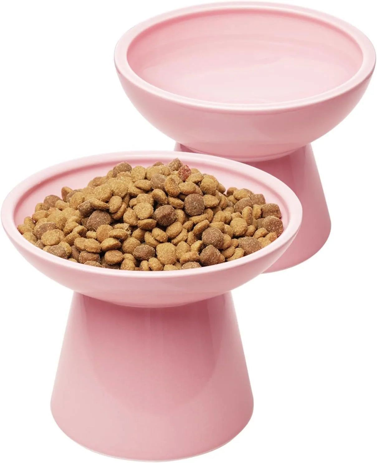 Ceramic elevated cat food bowl set in blue green pink or white colours with wide shallow design