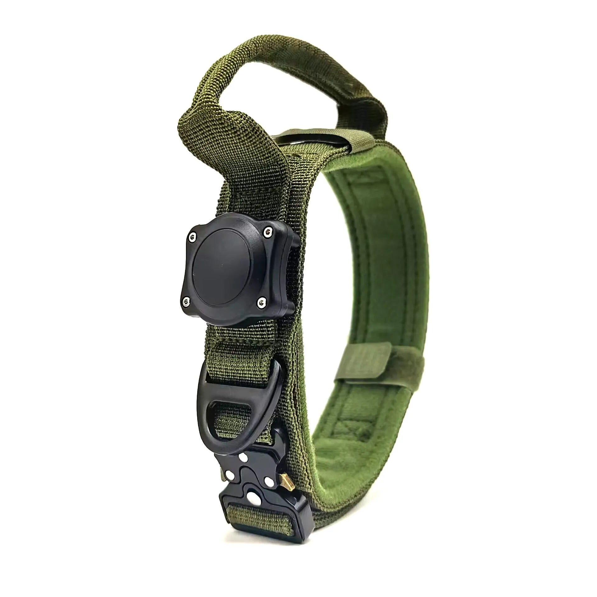 Tactical waterproof dog collar with positioning ring in Army Green, Black, or Khaki colours