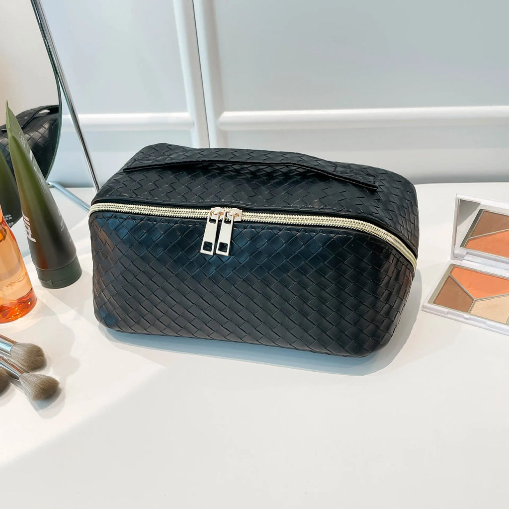 Waterproof PU storage bag in white, large capacity multifunctional washing bag for cosmetics, breathable design