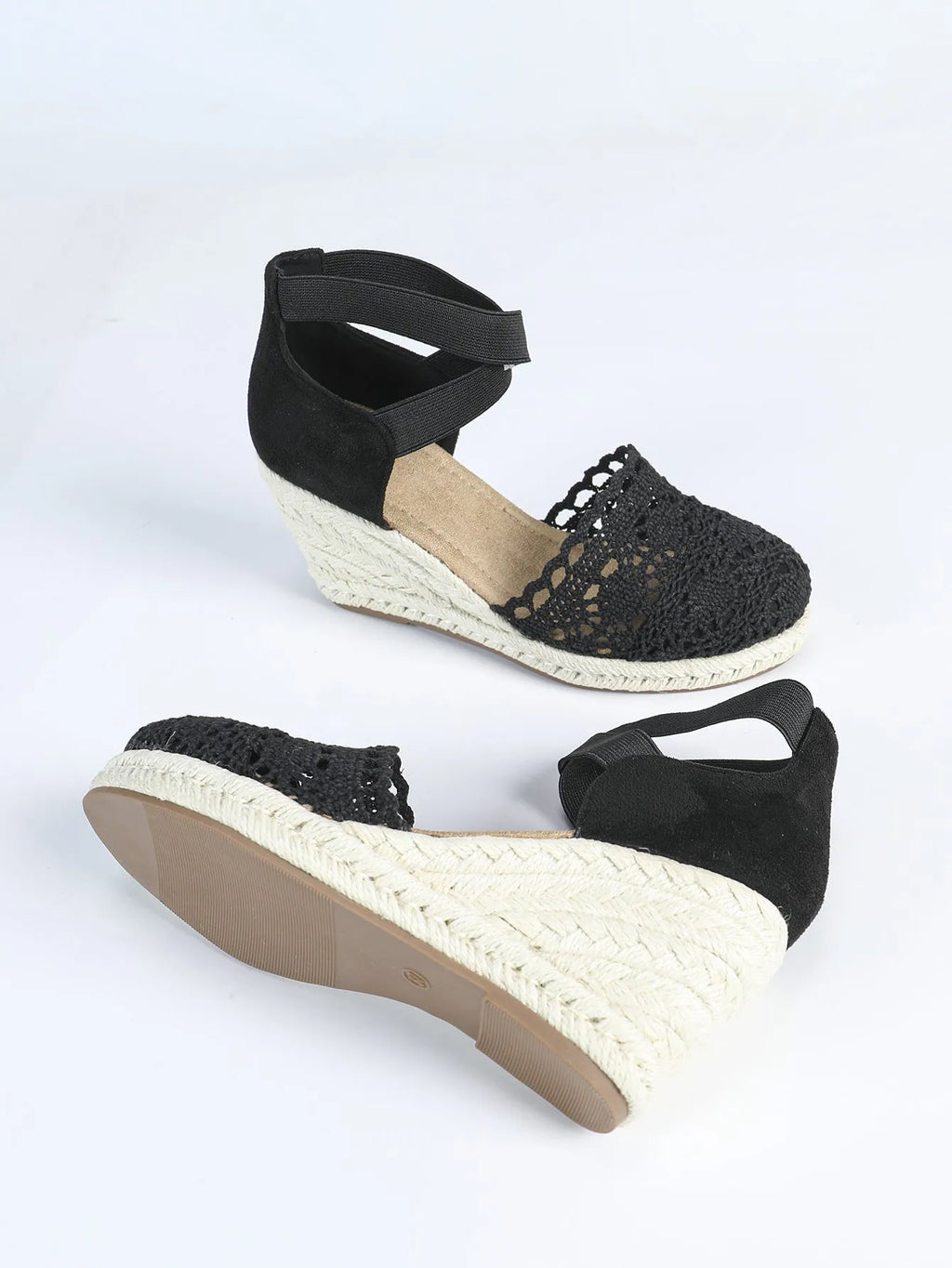 Women's canvas wedge sandals in Roman style with round head, showing apricot and black colour options