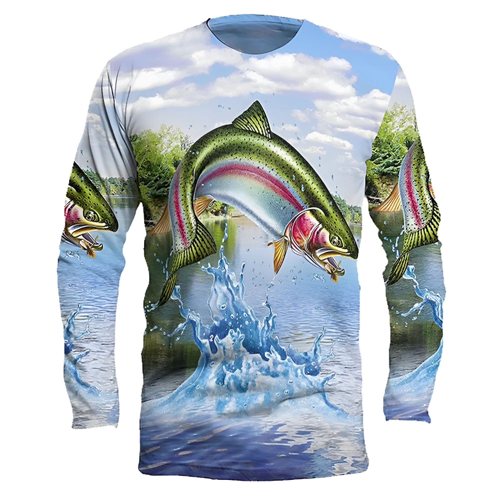 Men's long-sleeved round neck pullover with a blue and white fish print design.