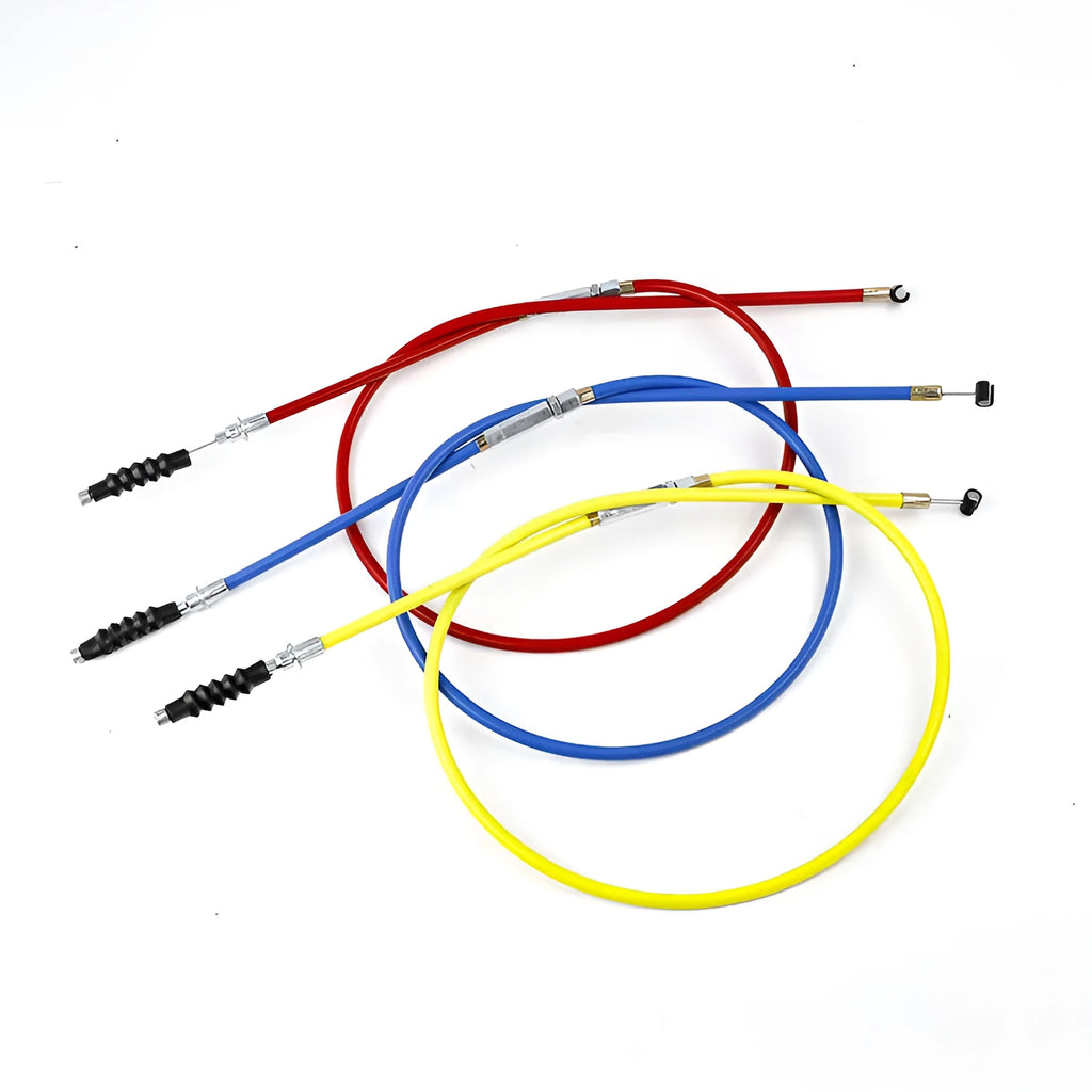 Four coloured motorcycle clutch and accelerator cables, each 0.98m long, for Apollo 110-125cc ATV and scramble bikes.