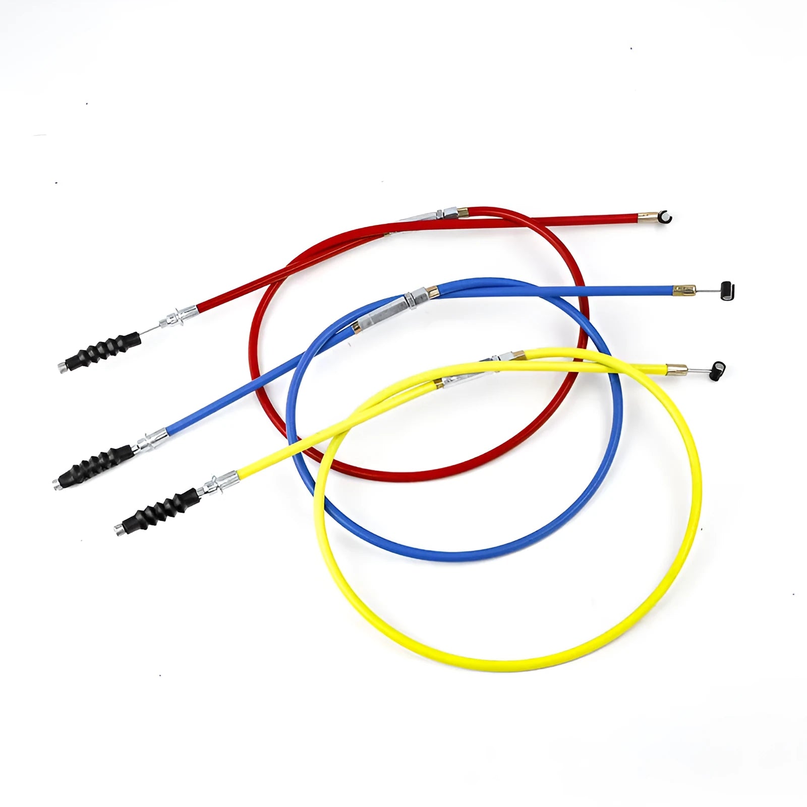 Four coloured motorcycle clutch and accelerator cables, each 0.98m long, for Apollo 110-125cc ATV and scramble bikes.
