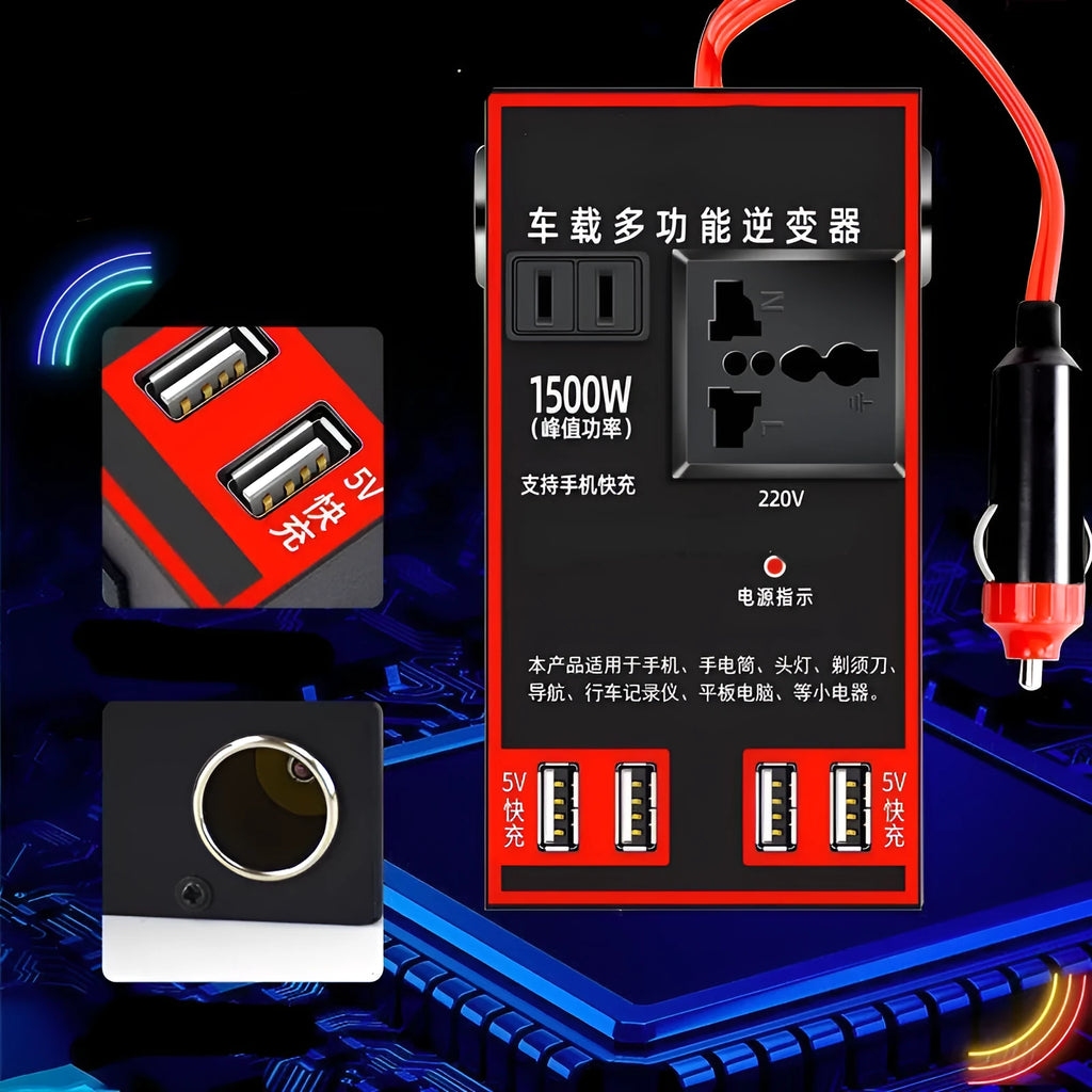 Black 12V 24V to 220V automotive power converter with car cigarette lighter plug and USB ports