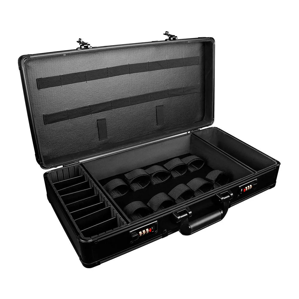 Black PVC suitcase with combination lock for storing hair styling tools, shown with dimensions 55cm by 27cm.