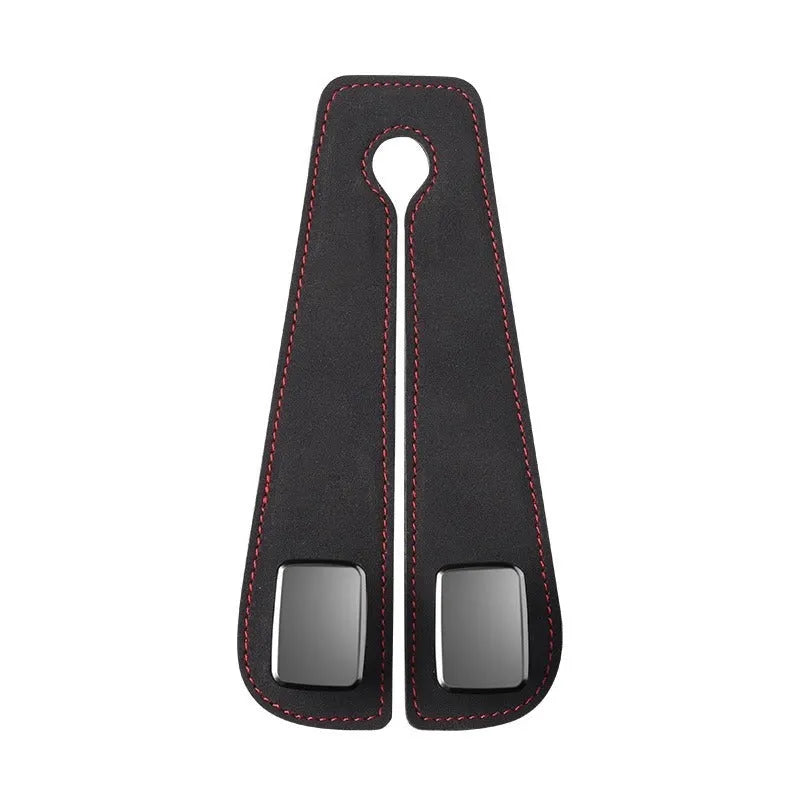Alloy car seat hook storage bag in black suede fabric shown flipped open and closed on car headrest