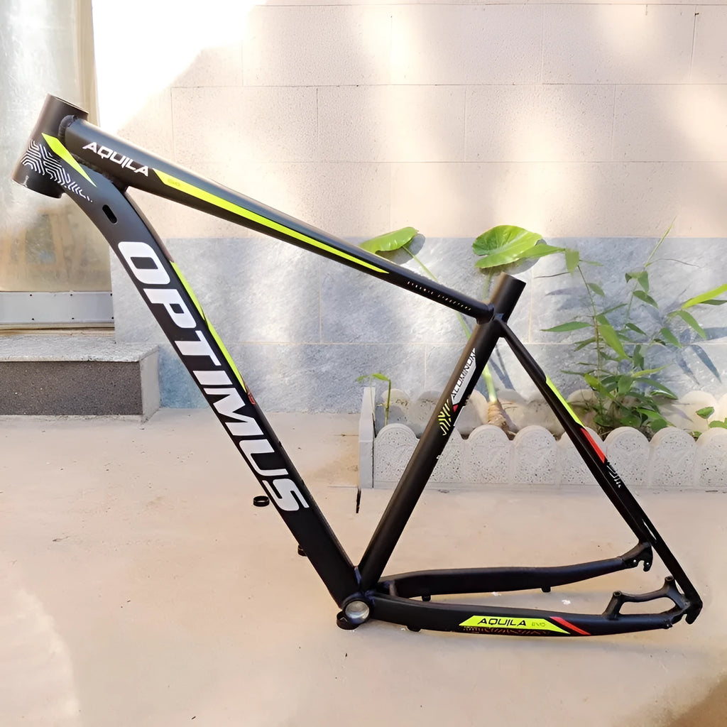 Black green aluminium mountain bike frame for 29-inch wheels with internal cable routing ports