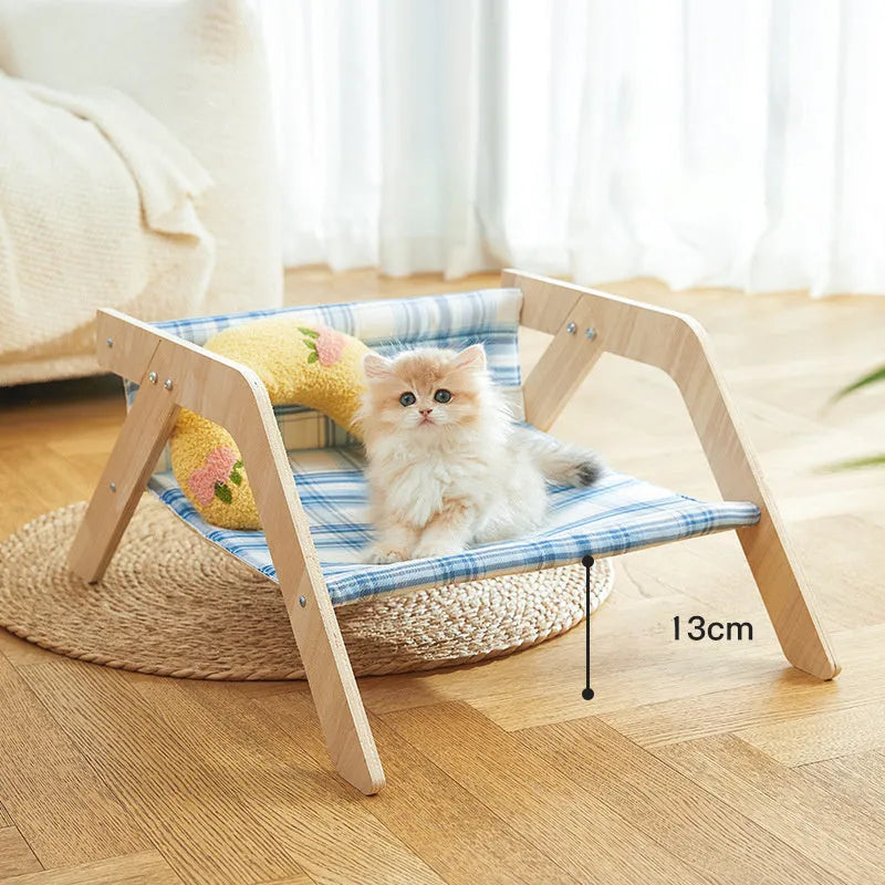 Wooden frame cat hammock bed with soft cloth seat in blue colour