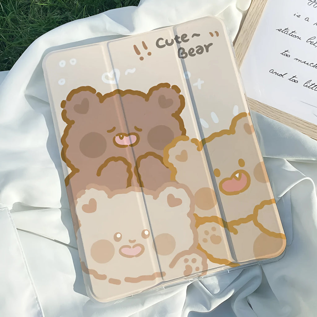 Silicone tri-fold protective case for iPad in cartoon Rabbit design on a tablet.