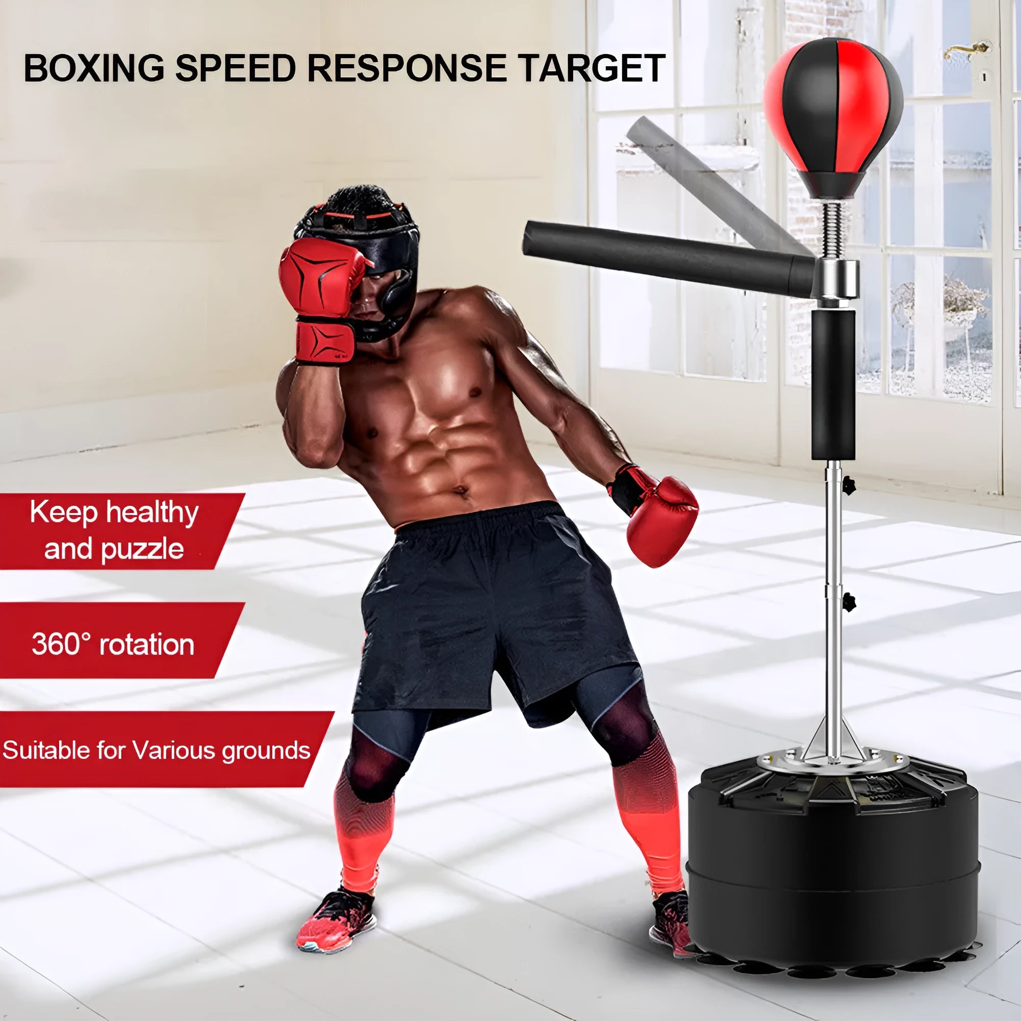 Black small boxing ball reaction trainer with 360° flexible reflex bar and 8 suction cup base on a tiled floor