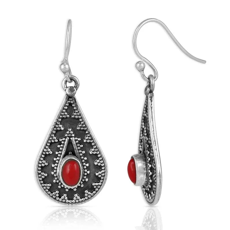 Silver water drop earrings with red pine gemstone accents and retro European American styling