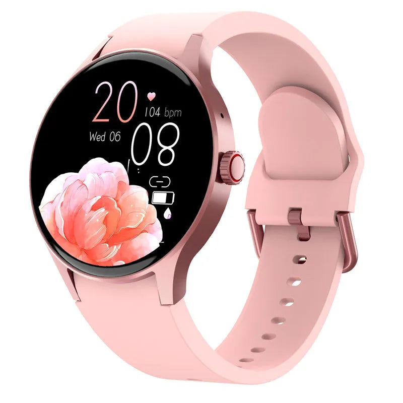 Black smart Bluetooth sport watch with a round touchscreen on a wrist, showing a fitness stats display.