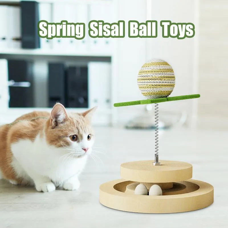 Green interactive cat toy centre with sisal scratching pad and multi-layer ball track.