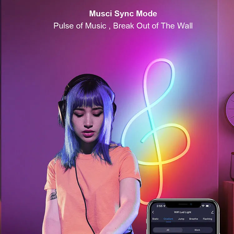 3 metre long RGB magic colour neon light strip with remote control for Bluetooth and Wi-Fi adjustment