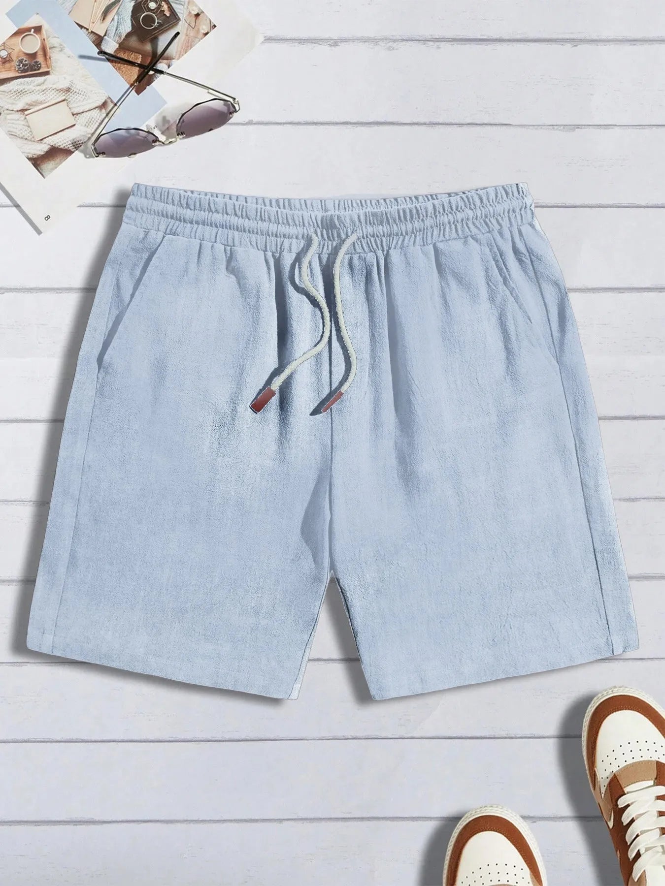 Men's thin linen loose casual shorts in khaki, front view
