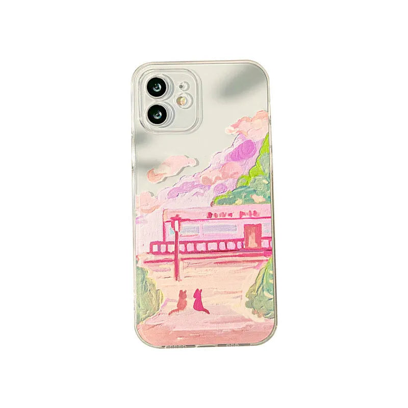 Soft silicone iPhone case with a colour-painted two cat cartoon design on the back.