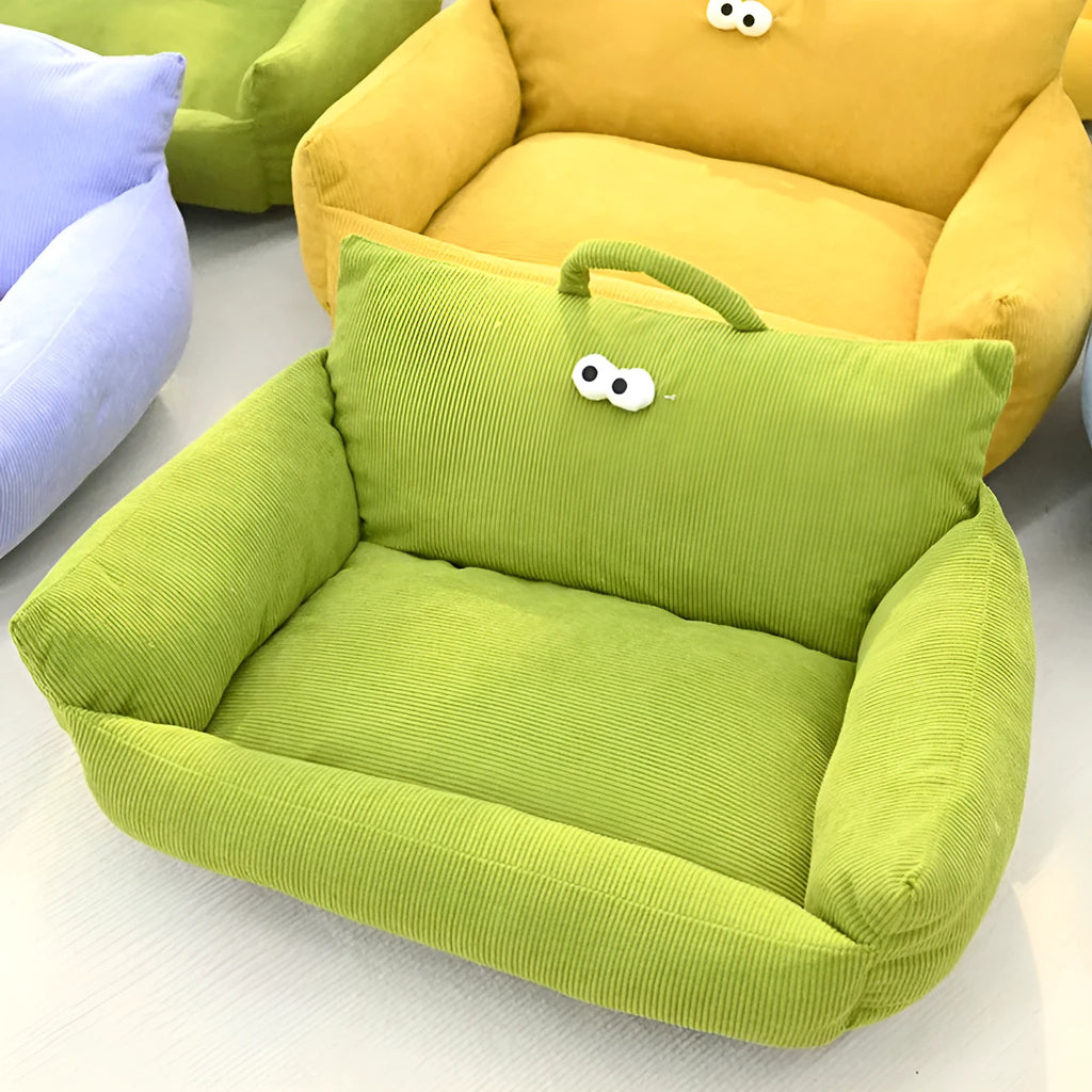 Cartoon big eye pet sofa kennel bed in moon velvet fabric showing blue colour option