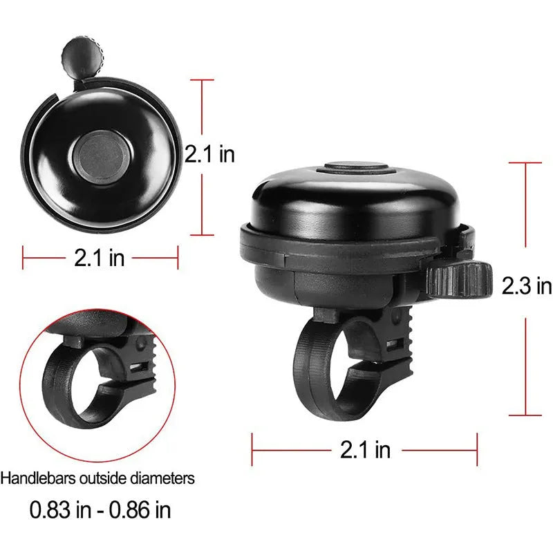 Black 58mm diameter bicycle bell with universal handlebar clamp fixture