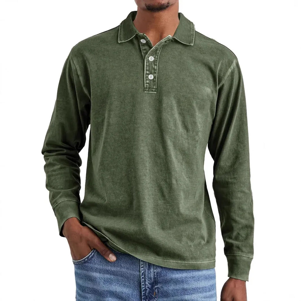 Men's retro washed distressed pure cotton lapel long sleeve polo shirt on a hanger