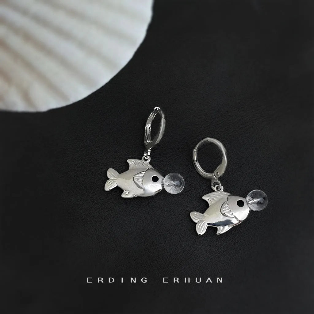 Bubble fish design earrings with electroplated copper construction and animal modelling details