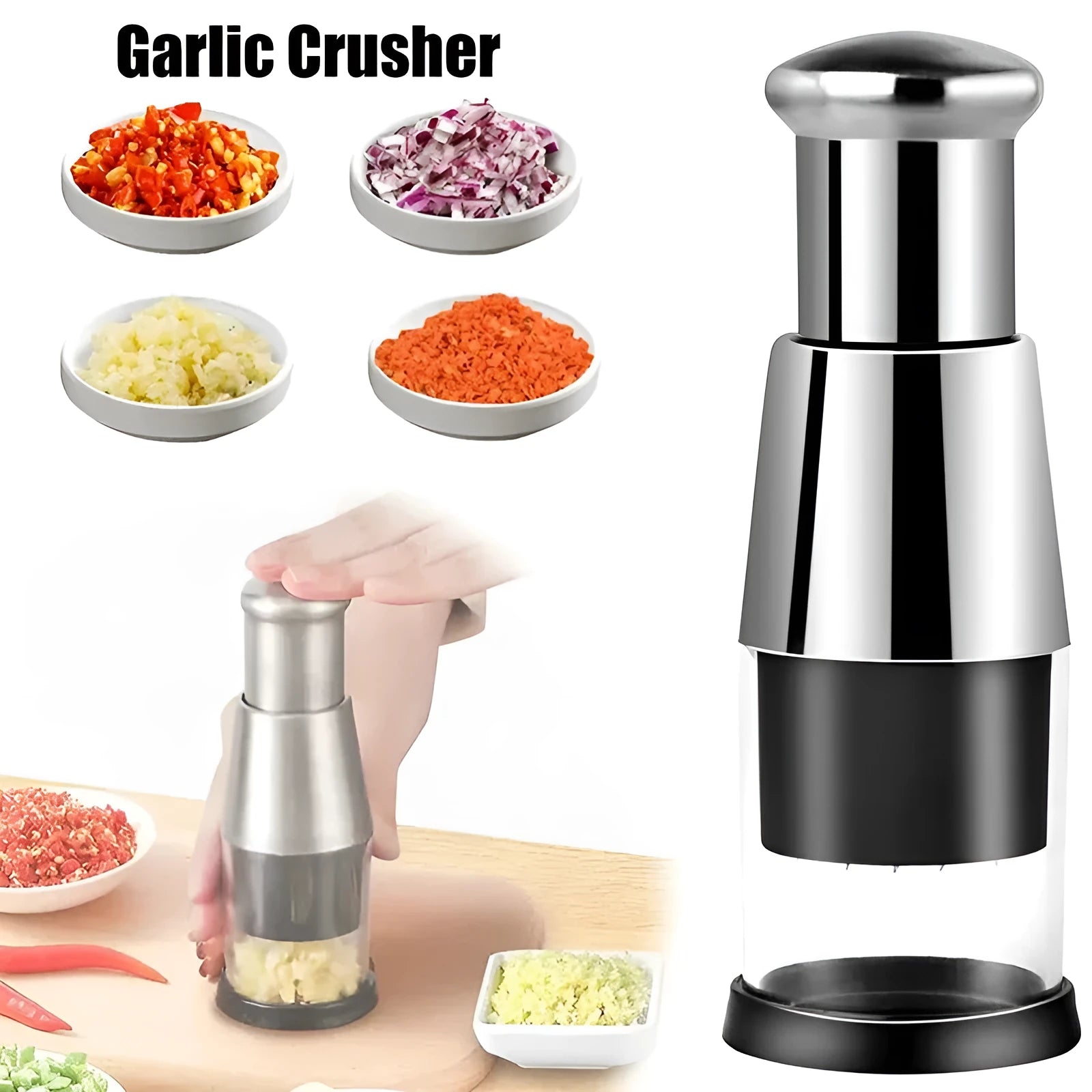Black manual garlic press and vegetable chopper with stainless steel blades measuring 6x16 cm