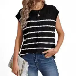 Women's striped sleeveless pullover top in acrylic fabric with bone stitching detail.