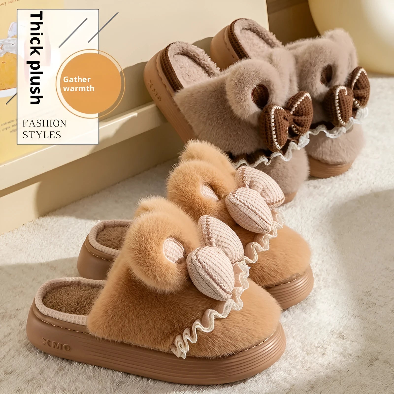 Indoor warm non-slip couples cotton shoes with suede upper and EVA sole in brown