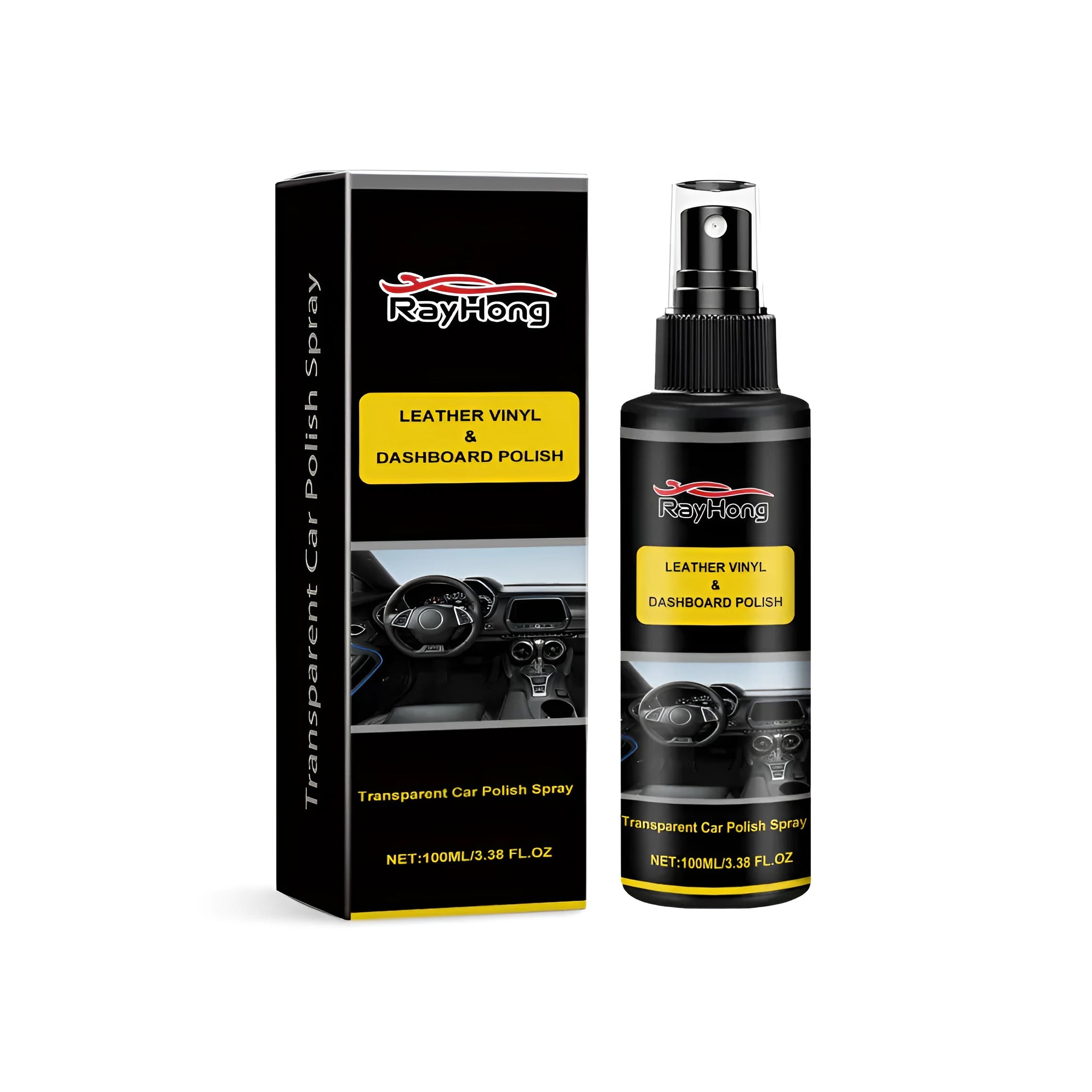 Cylindrical spray bottle of car polish with label, shown next to a microfibre cloth on a car bonnet.