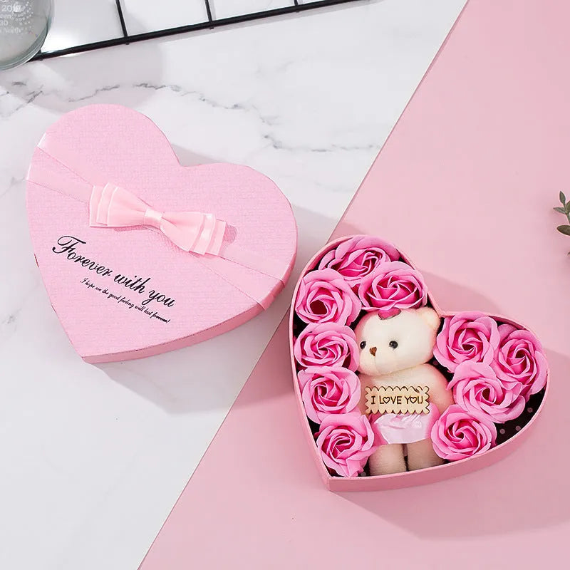 Red heart-shaped gift box containing natural soap roses for Valentine's Day or Mother's Day gifts