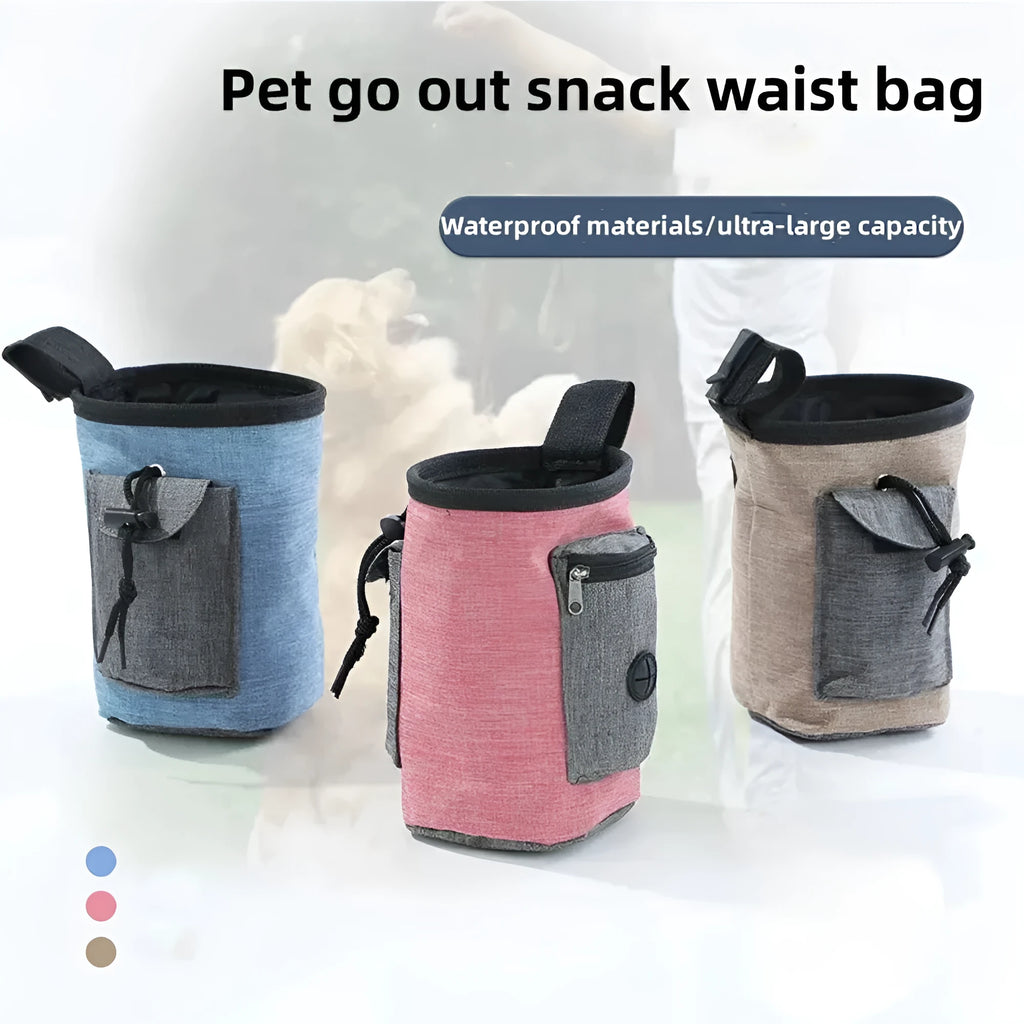 Blue waterproof pet waist bag with adjustable belt and side clip for outdoor training essentials
