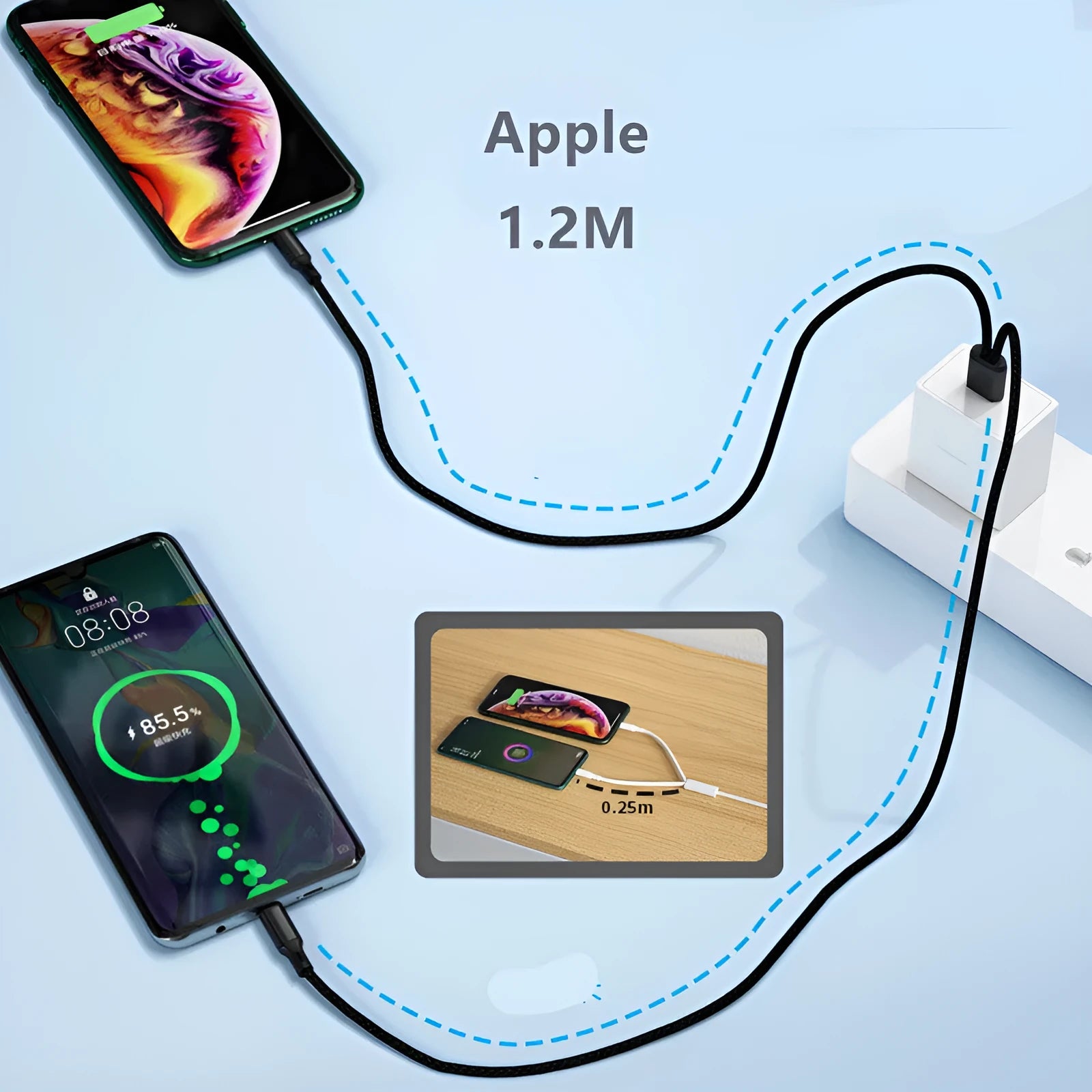 Black and red braided dual-output fast charging cable with aluminium connectors.