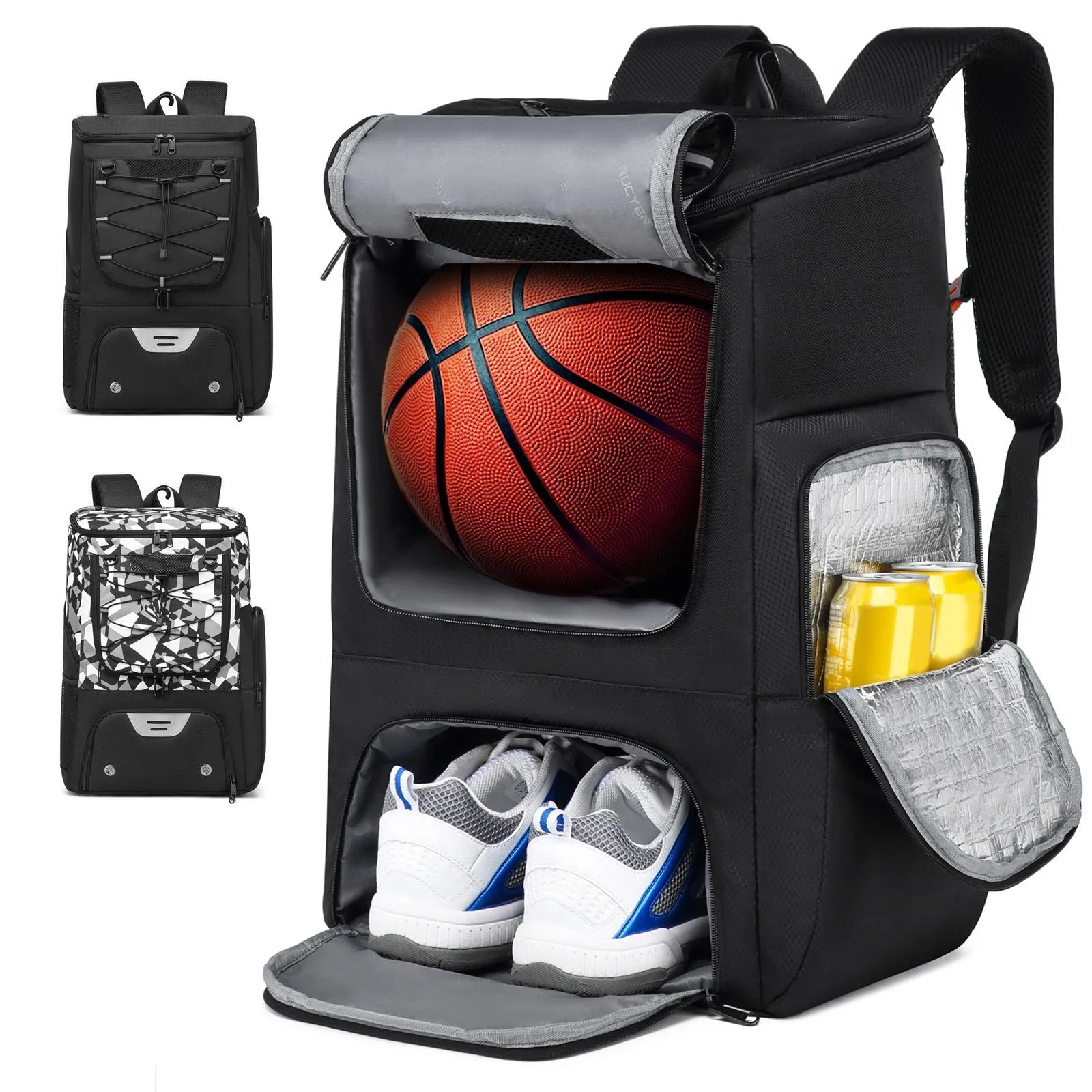 Black Oxford cloth basketball training backpack with large main compartment for sports equipment