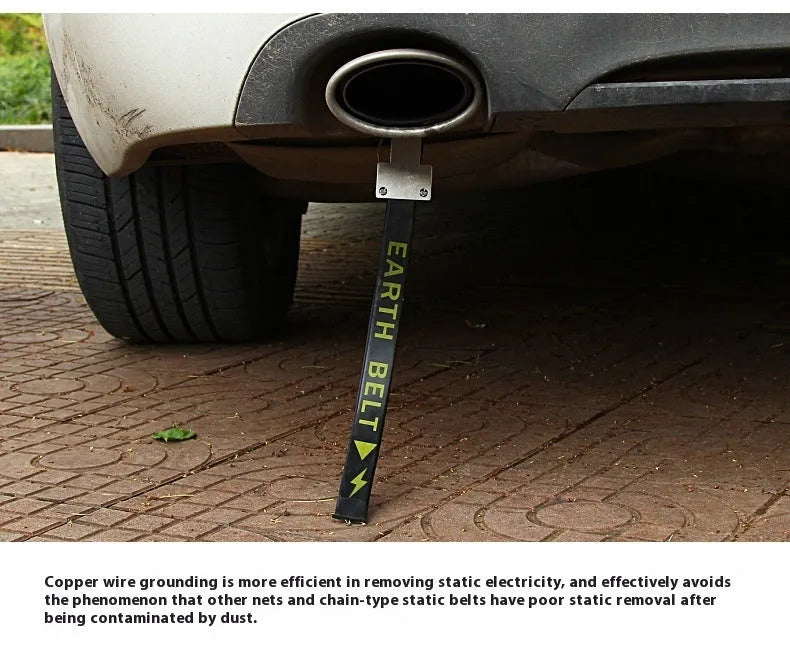 Black car electrostatic grounding belt with 370mm rubber-coated copper chain for static discharge.