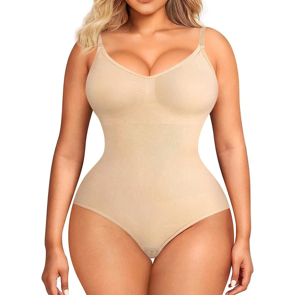 Plus size seamless nylon body shaping jumpsuit with adjustable straps in skin colour, front view