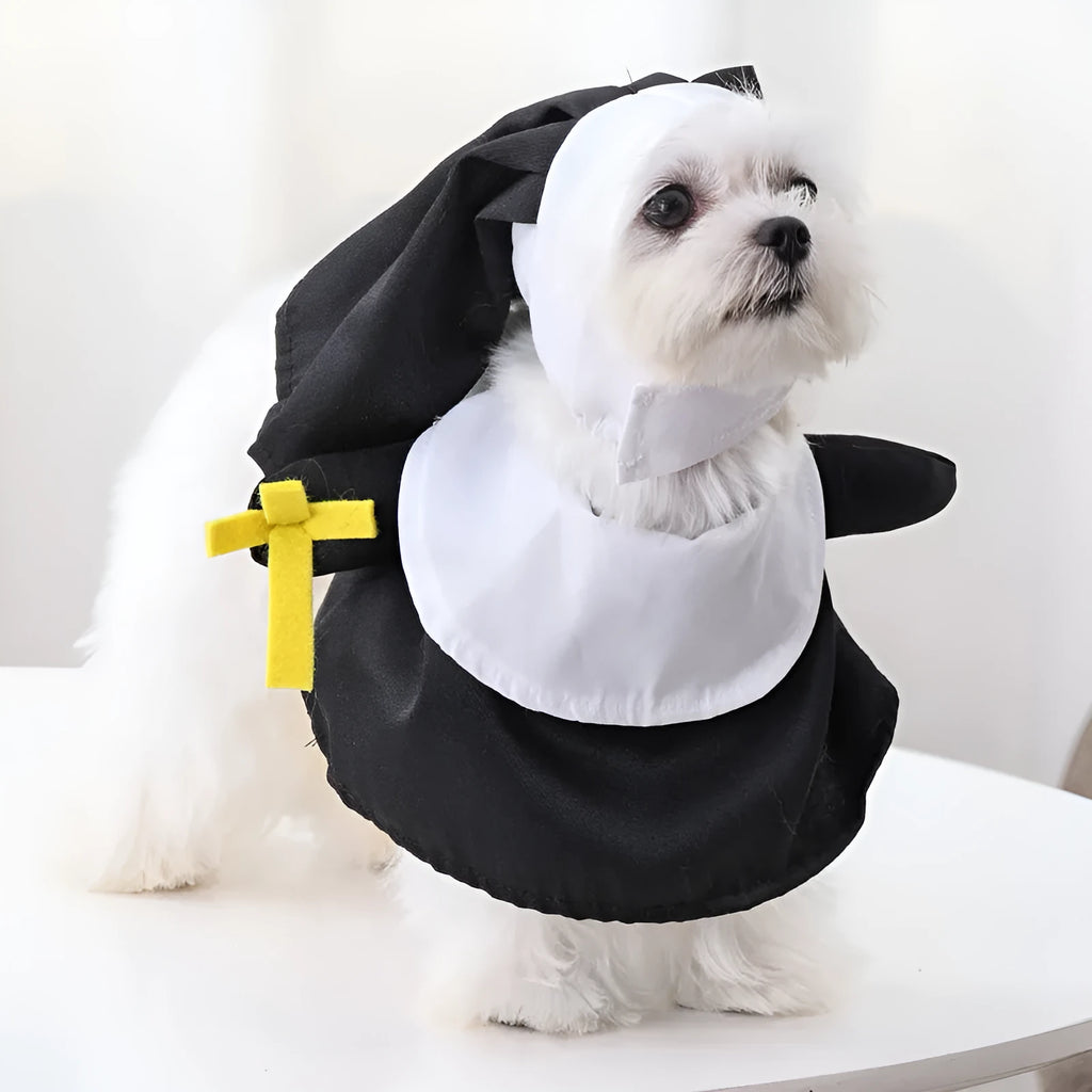 Black polyester nun costume for pets on dog or cat for Halloween dressing