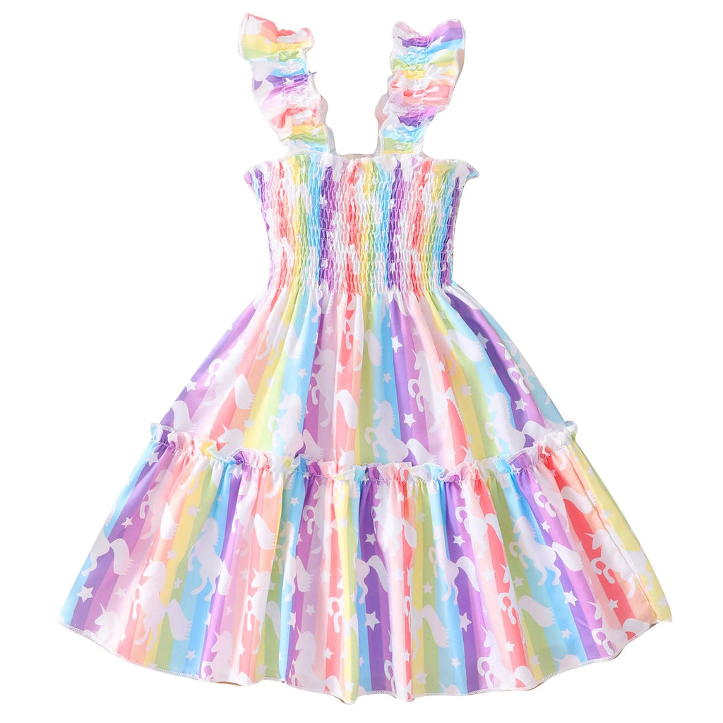 Children sleeveless smocking leopard print rainbow multicolor printed A-line dress on girl aged 4-5 years
