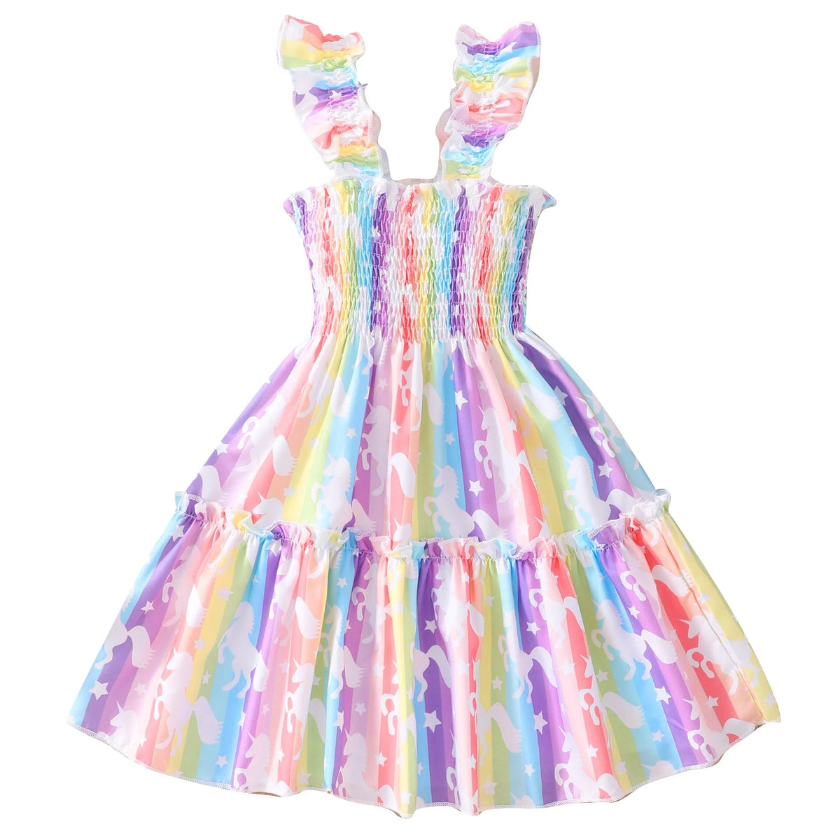 Children sleeveless smocking leopard print rainbow multicolor printed A-line dress on girl aged 4-5 years
