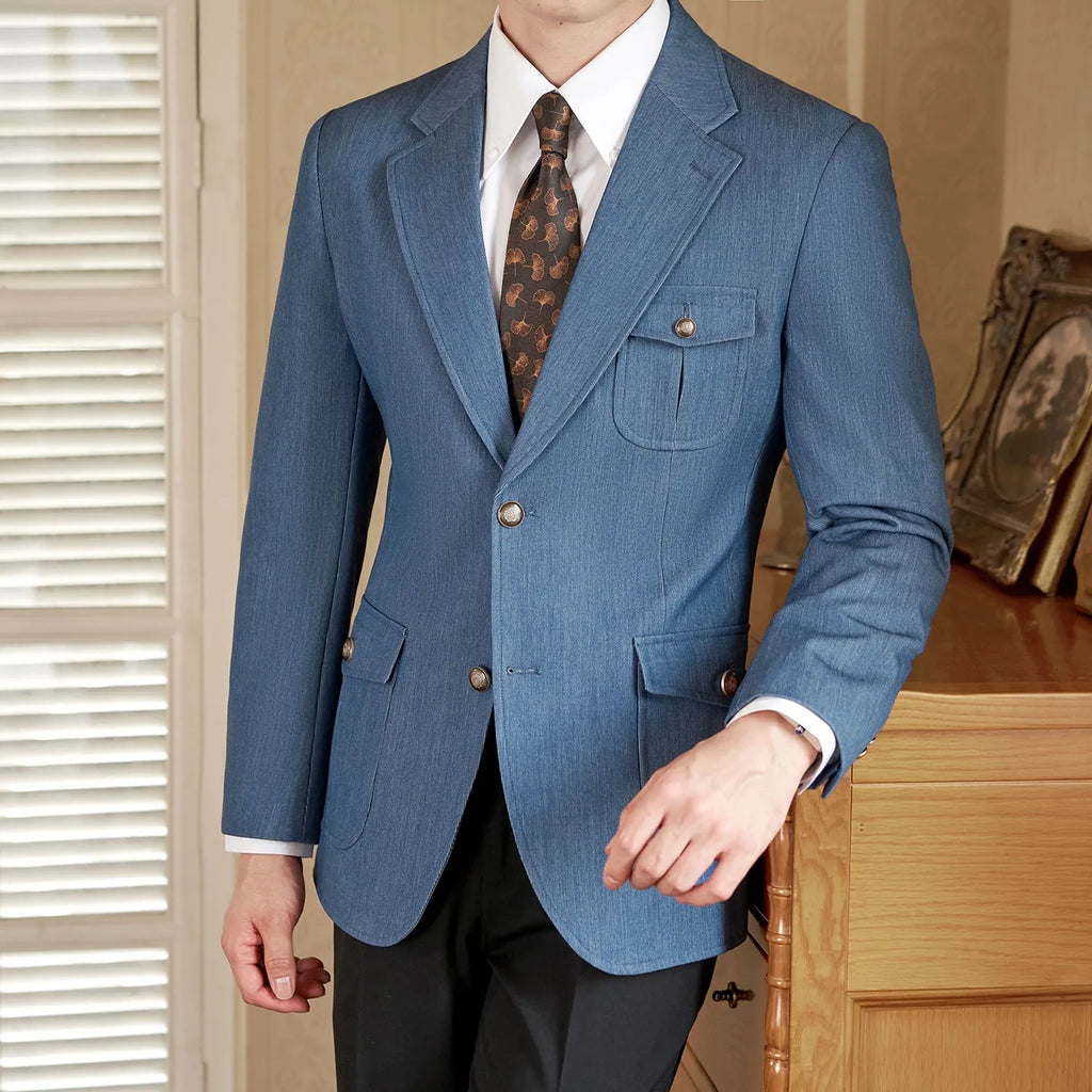 Men's anti-wrinkle easy-care suit jacket in blue polyester viscose blend with flat lapel and double slit back