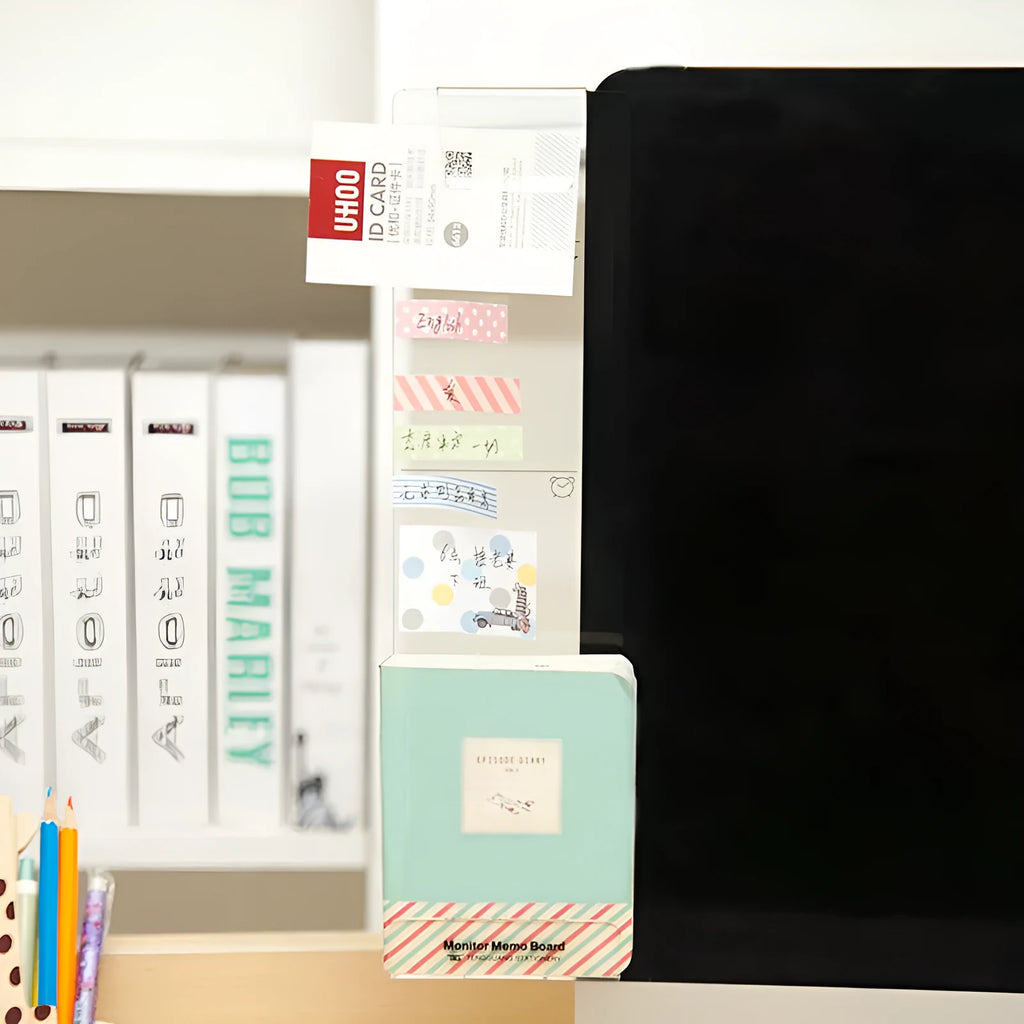 Clear acrylic monitor message memo board with suction mount, showing a post-it note attached, in a modern simple style