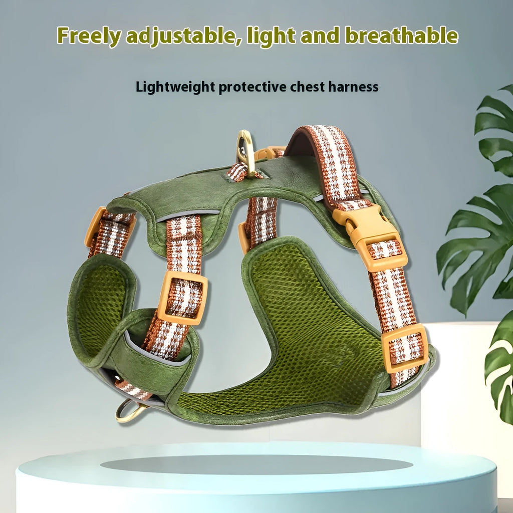 Brown leather dog harness with reflective strips showing buckle closure and adjustable chest strap