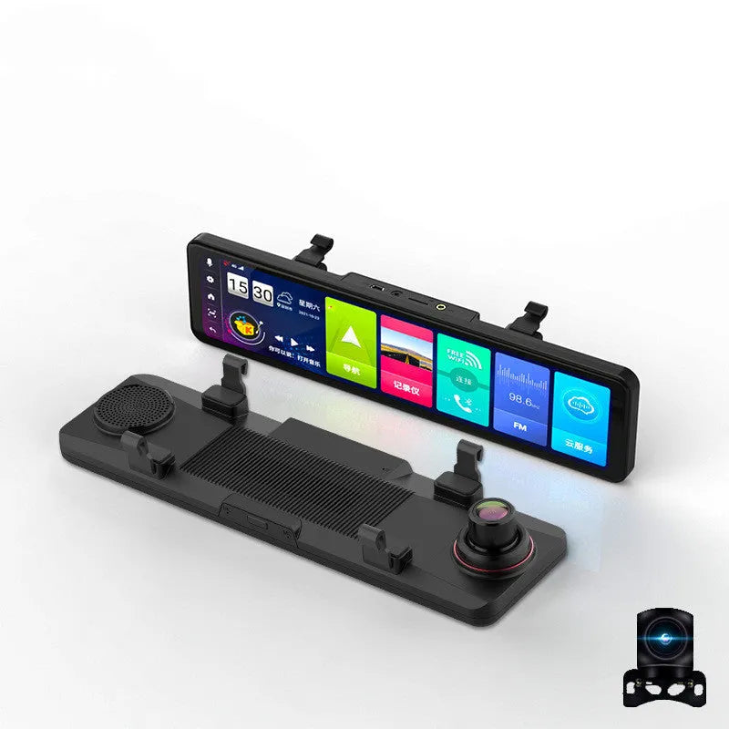 Black rearview mirror style dashboard camera with wide-angle lens and touch screen display.