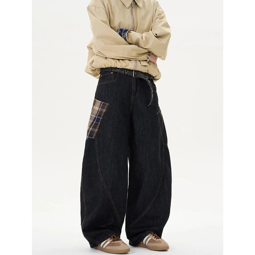 Straight-leg loose casual trousers in red plaid pattern on a mid-waist.