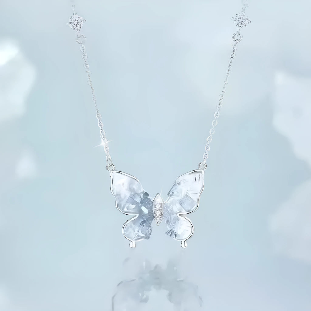 Close-up of an adjustable S925 sterling silver necklace with an ice rain butterfly pendant on a 41-50cm O-ring chain.