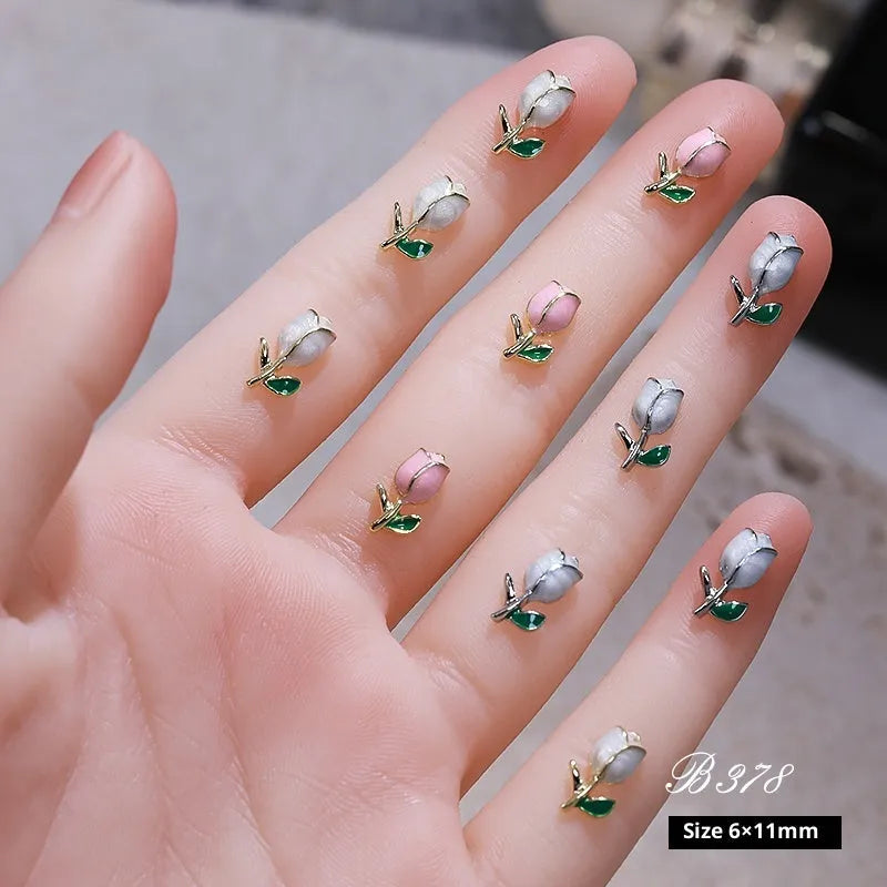 Three-dimensional tulip flower alloy nail decoration ornament in solid colour sweet style on fingertip